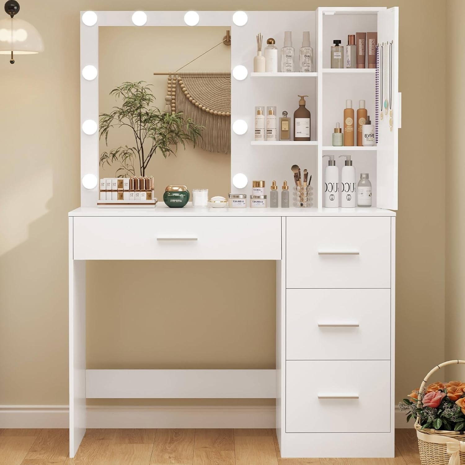 Makeup Vanity with Lights, Vanity Desk with Mirror and 10 LED Lights, Vanity Table Set with 4 Drawers, Cabinet & 4 Necklace Hooks, Dressing Table for Bedroom, White