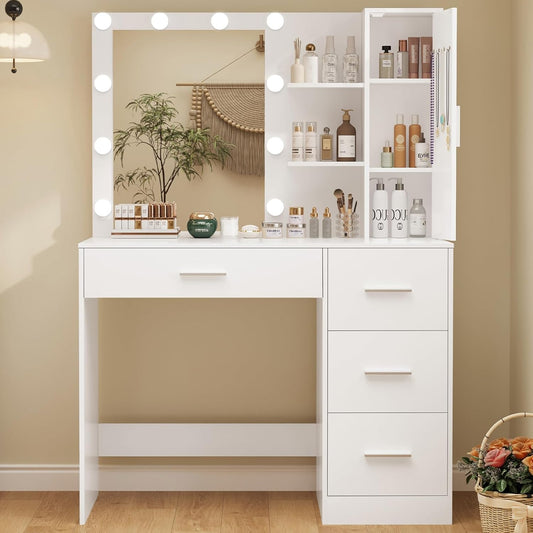 Makeup Vanity with Lights, Vanity Desk with Mirror and 10 LED Lights, Vanity Table Set with 4 Drawers, Cabinet & 4 Necklace Hooks, Dressing Table for Bedroom, White