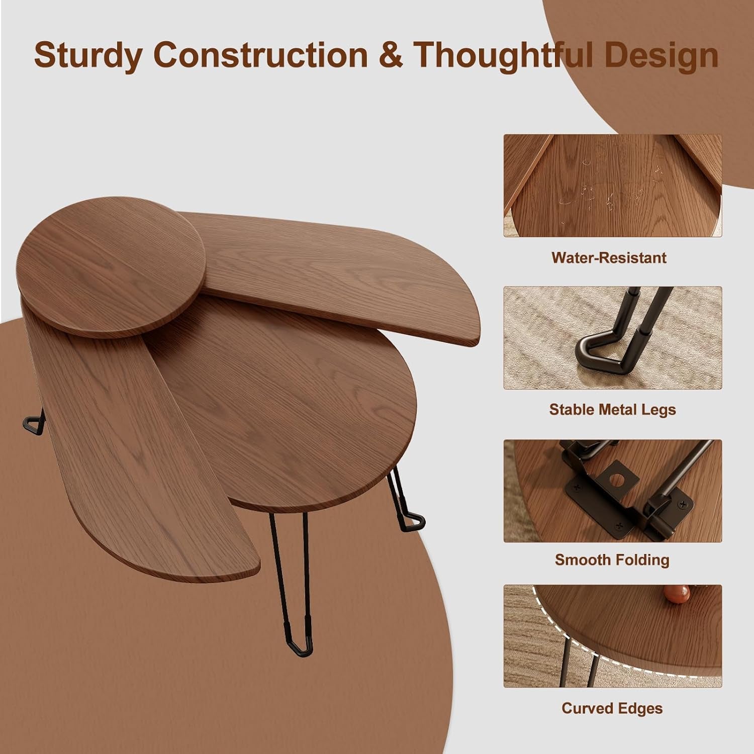 Solid Wood Small Coffee Table, Beetle Design, Full Assembly, Folding Coffee Table for Small Spaces, Portable Floor Table Furniture for for Garden, Balcony, Indoor or Outdoor Use (Walnut)