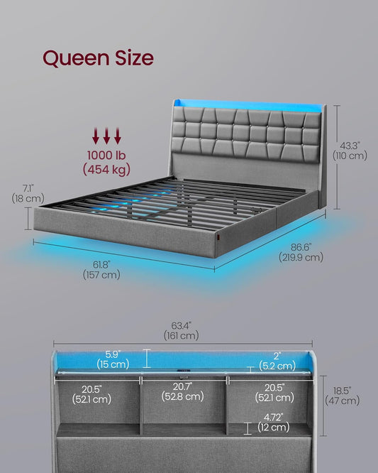 Queen Size Floating Bed Frame with LED Lights, Queen Bed Frame with Charging Station, Tufted Storage Headboard, Upholstered Platform Bed Frame, No Box Spring Needed, Light Gray URMB851G01