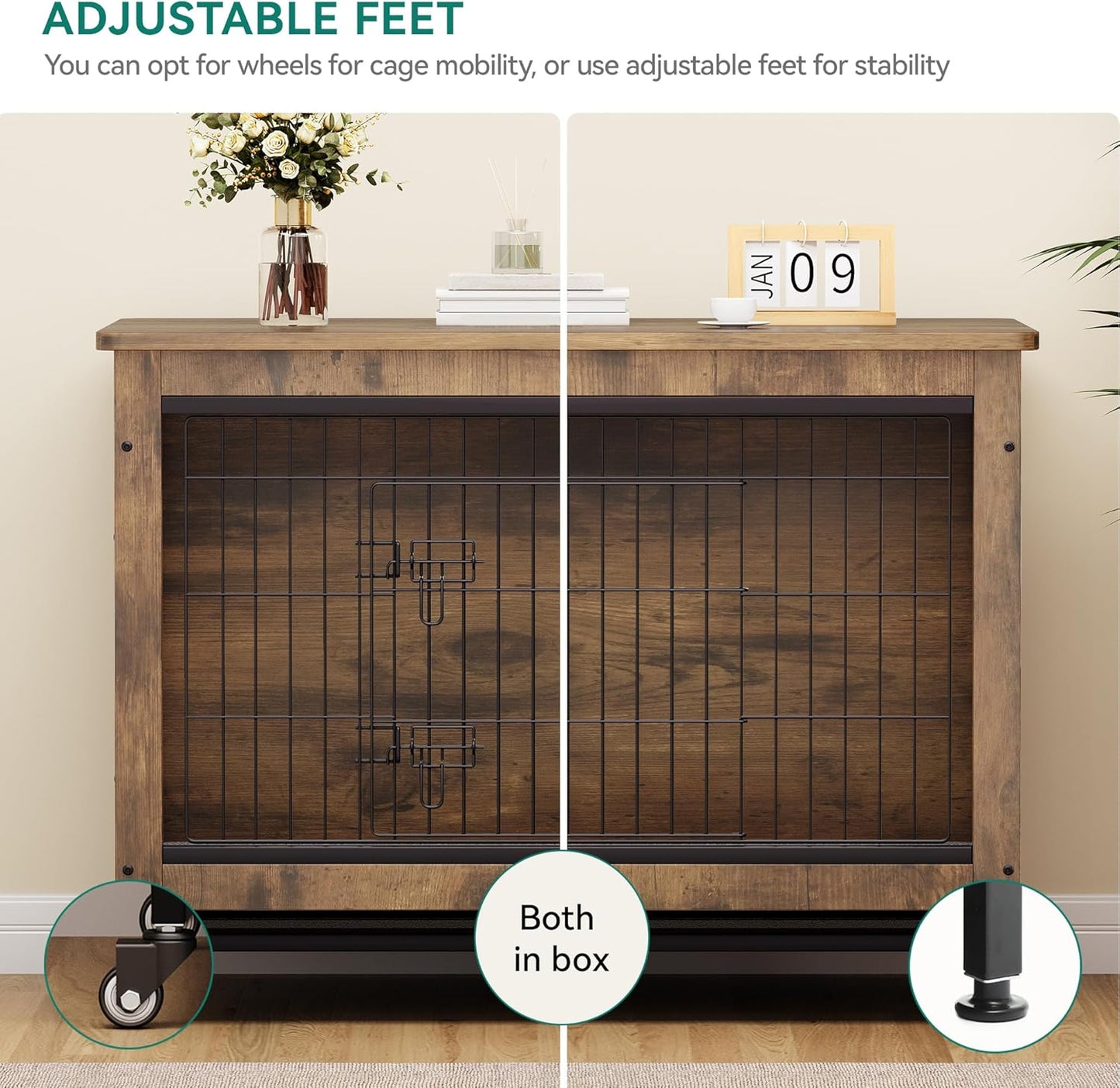 Dog Kennel Furniture with Wheels, Wooden Dog Crate Furniture with Cushion, 38" Dog Crate End Table with Tray for Small/Medium Dog (Rustic Brown)