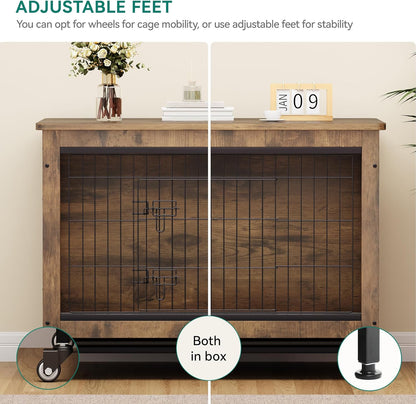 Dog Kennel Furniture with Wheels, Wooden Dog Crate Furniture with Cushion, 38" Dog Crate End Table with Tray for Small/Medium Dog (Rustic Brown)