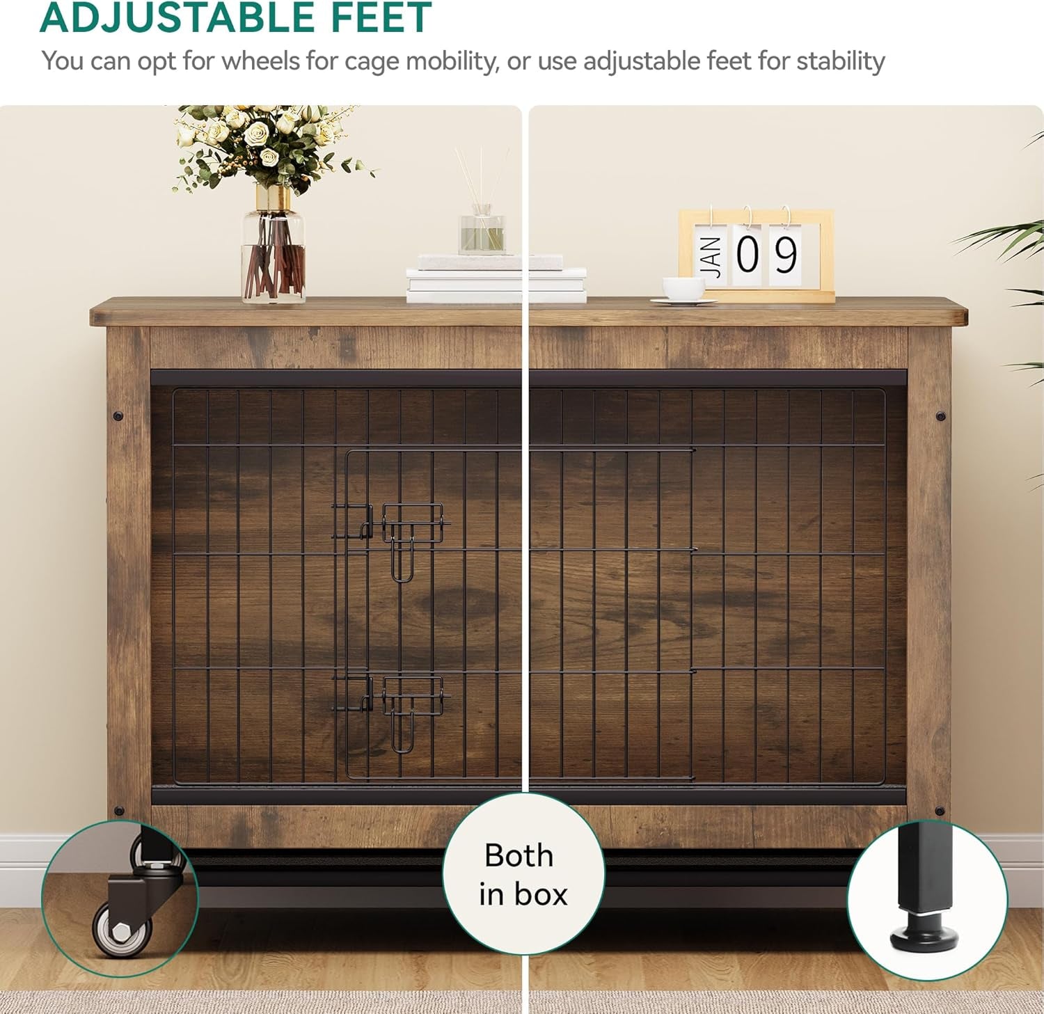 Dog Kennel Furniture with Wheels, Wooden Dog Crate Furniture with Cushion, 38" Dog Crate End Table with Tray for Small/Medium Dog (Gray)