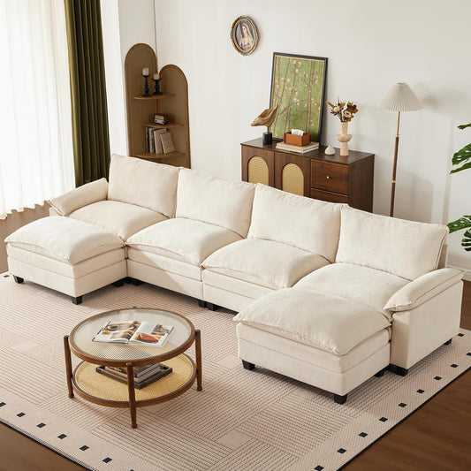 147 Inch Big Comfy Couch with Ottoman, 6 Seat U Shaped Couches, Cloud Modular Sectional Sofa, Modern Cloud Couch Sectionals, Sectional Couches for Living Room, Oversize Deep Seat Sofa, Beige
