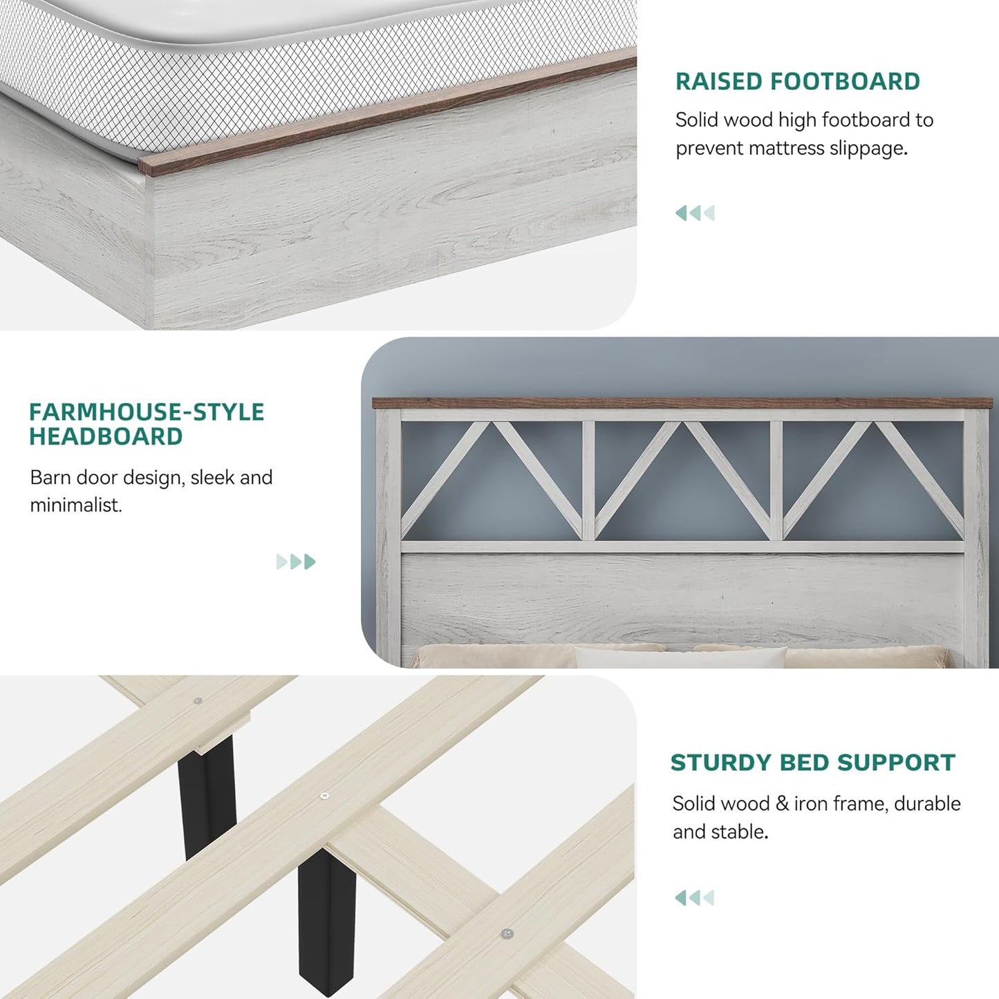 Farmhouse Queen Size Bed Frame with 47.2'' Headboard, Platform Rustic Wood Bed Frame with Slats, Sturdy and Noiseless, No Spring Needed, White