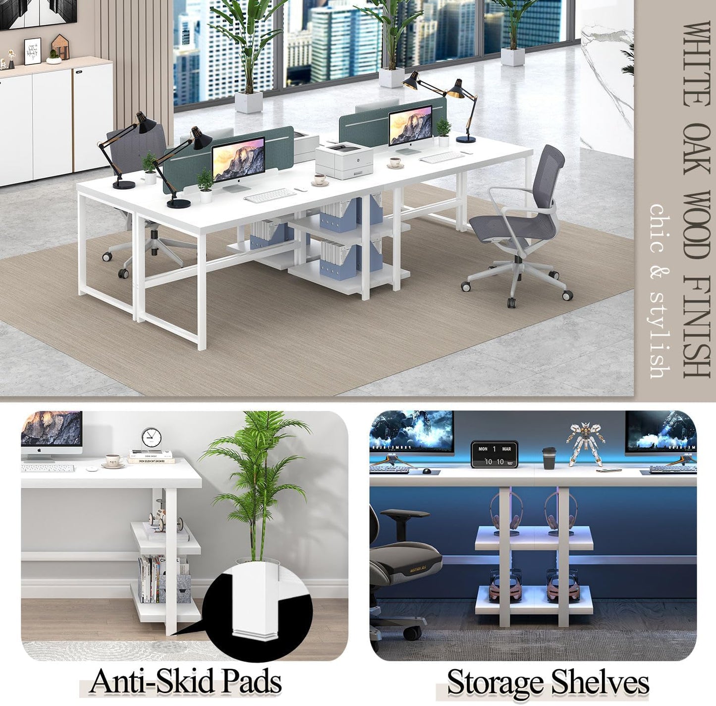 White Computer Desk, Modern Home Office Desk with Storage Shelf, Wood and Metal Writing Study Table for Living Room Bedroom, 53 Inch