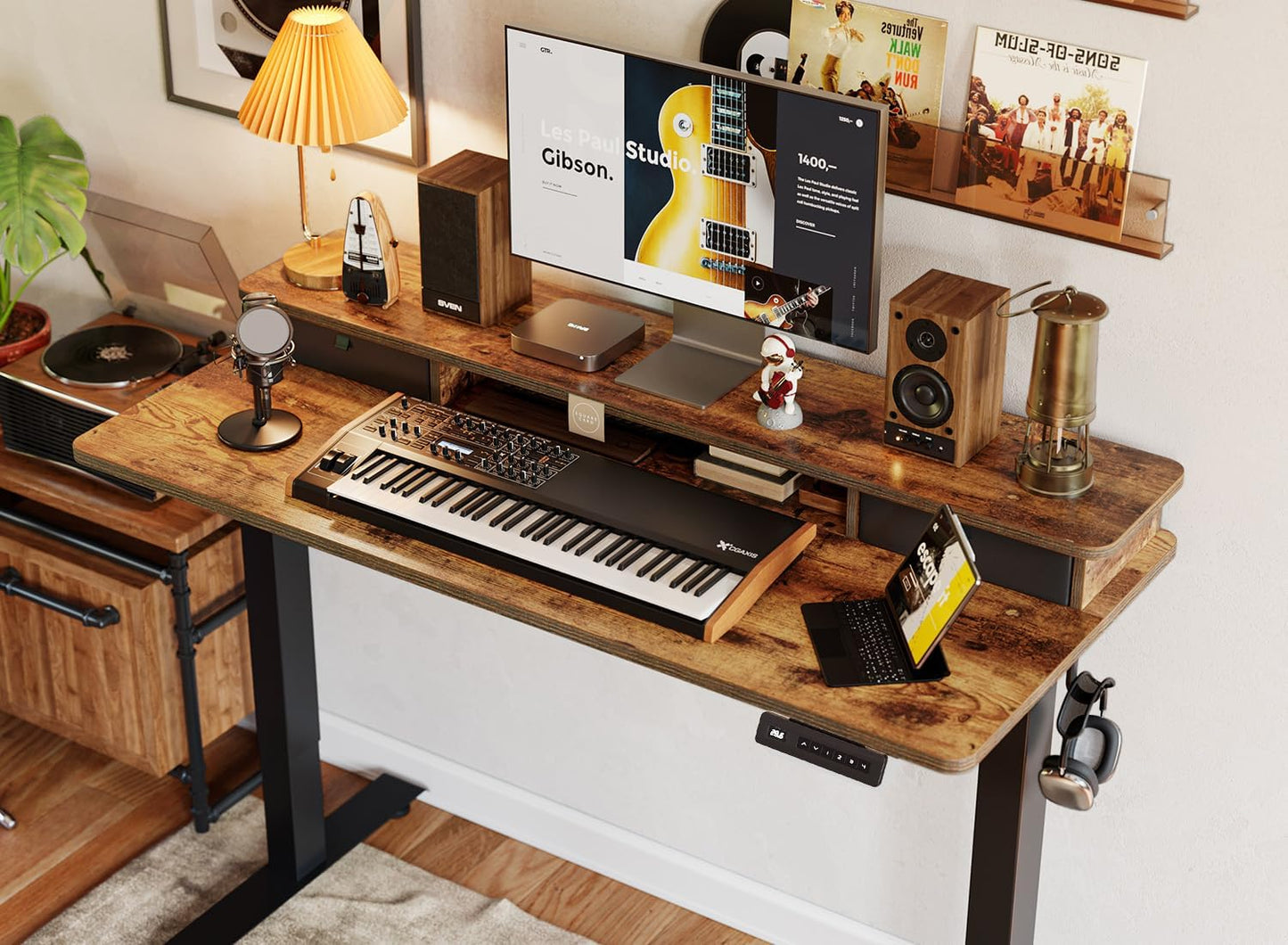 48 X 24 Inch Electric Height Adjustable Standing Desk with Double Drawers, 4 Adjustable Feet & 2 Hooks, Home Office Computer Workstation, Rustic Brown
