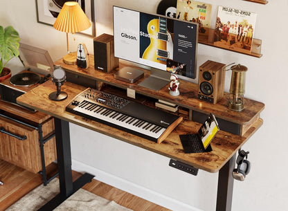 48 X 24 Inch Electric Height Adjustable Standing Desk with Double Drawers, 4 Adjustable Feet & 2 Hooks, Home Office Computer Workstation, Rustic Brown