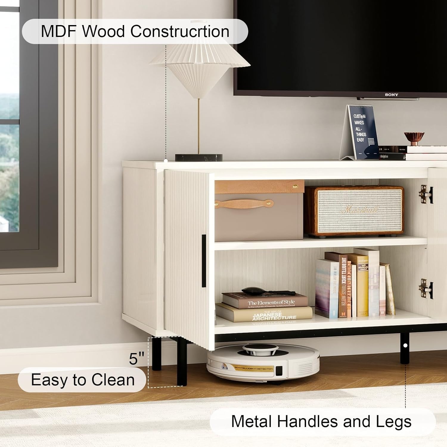 70" Modern TV Stand for Televisions up to 80 Inch, Entertainment Center with Storage, Cabinet with Fluted Door and Adjustable Shelf, Console Table and Media Furniture for Living Room, White