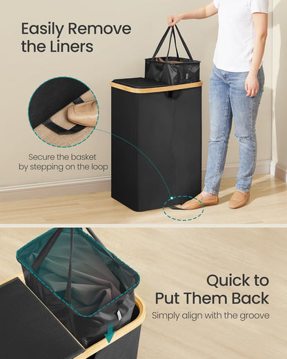 Laundry Hamper with Lids, Laundry Basket with 2 Compartments, 39 Gal. (150 L), Removable Liner Bag, for Laundry Room, Bedroom, Living Room, Ink Black and Light Bamboo ULCB523B01