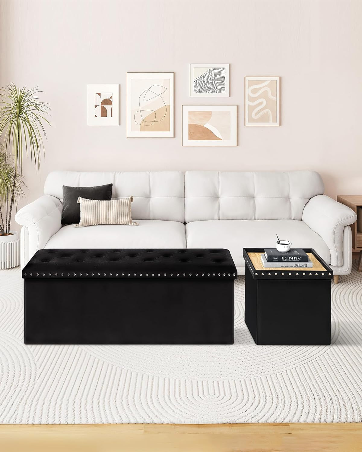 Storage Ottoman Bench, Folding Tufted Ottomans with Storage, Extra Large 140L Footrest Bench for Bedroom, Luxury Velvet Fabric 43 Inches Black