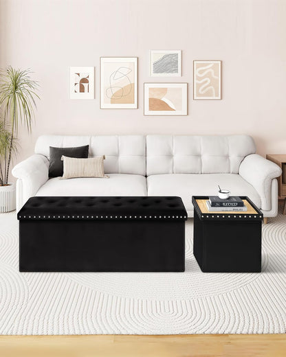 Storage Ottoman Bench, Folding Tufted Ottomans with Storage, Extra Large 140L Footrest Bench for Bedroom, Luxury Velvet Fabric 43 Inches Black