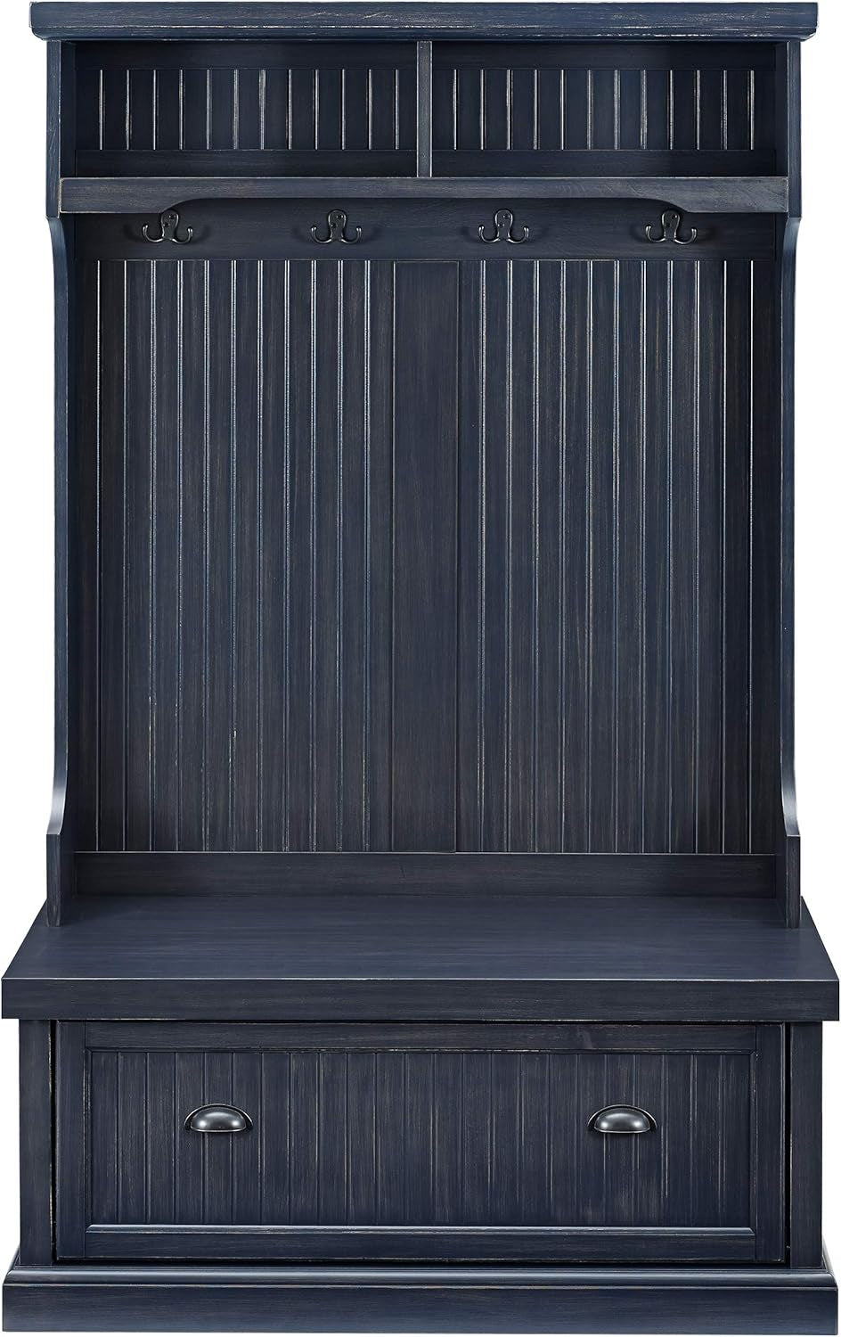 Seaside Hall Tree with Shoe Rack Bench and Coat Hooks for Hanging Storage, Distressed Navy