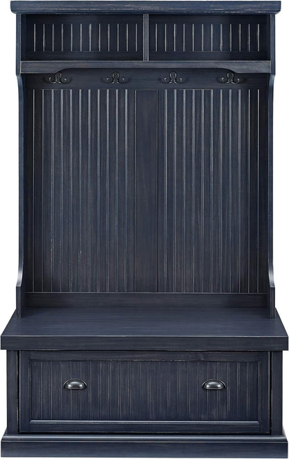 Seaside Hall Tree with Shoe Rack Bench and Coat Hooks for Hanging Storage, Distressed Navy