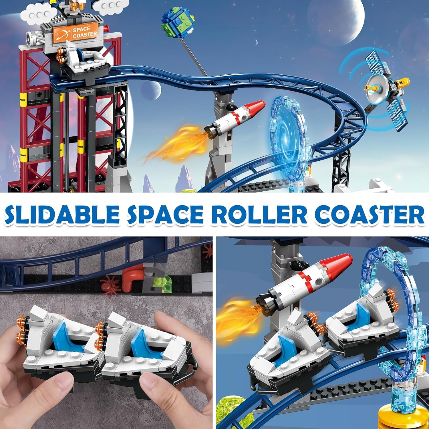 Space Roller Coaster Building Toy - 926PCS Coaster Building Set Features Lift Platform, Satellites, Rocket Buildable Space Rollercoaster Adventure Park for Adults Kids Girl Boy Ages 8+