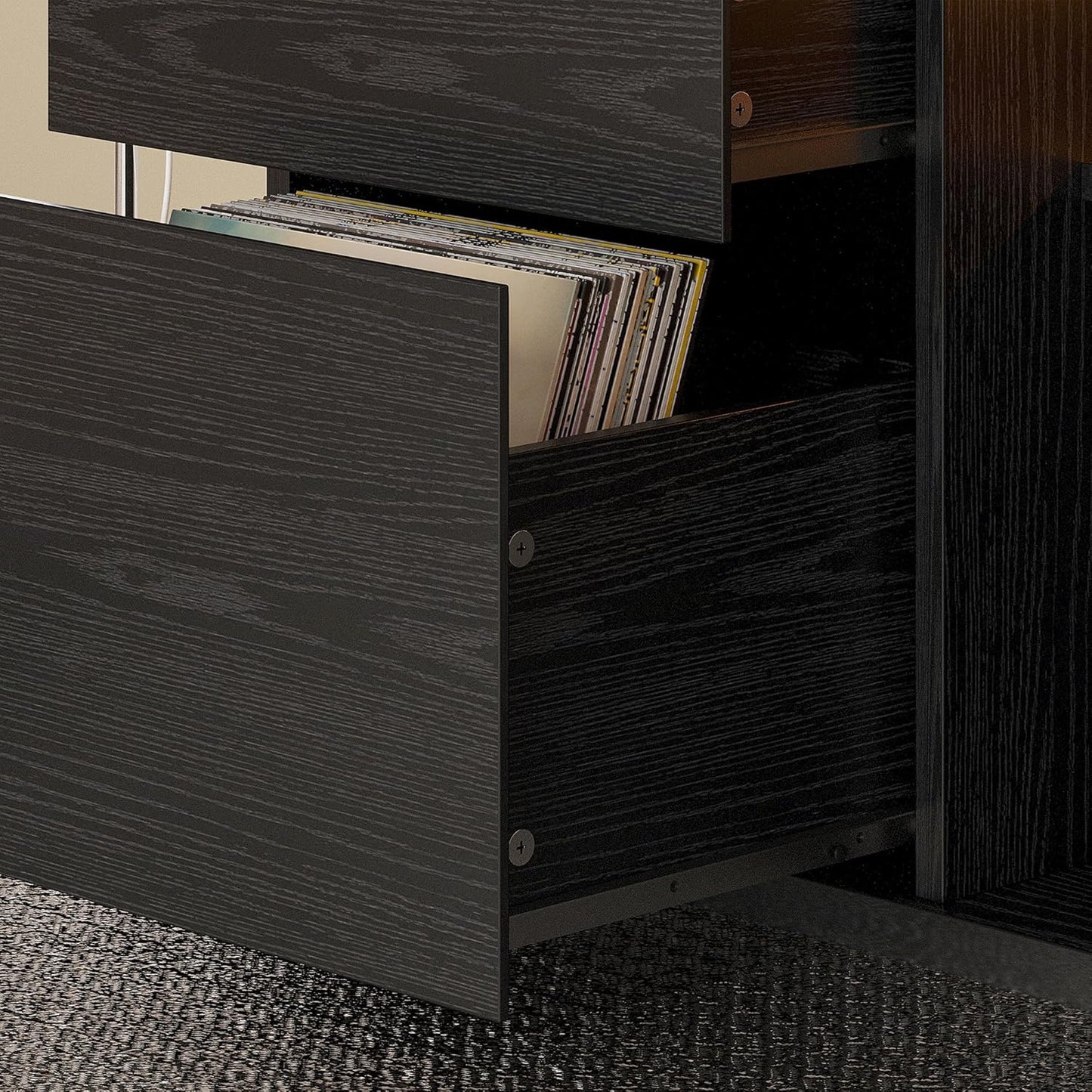 Black Night Stand with Shelves, Charging Station & LED, 2 Drawer Wooden Bedside Table Record Player Stand for Bedroom, Entryway, Large