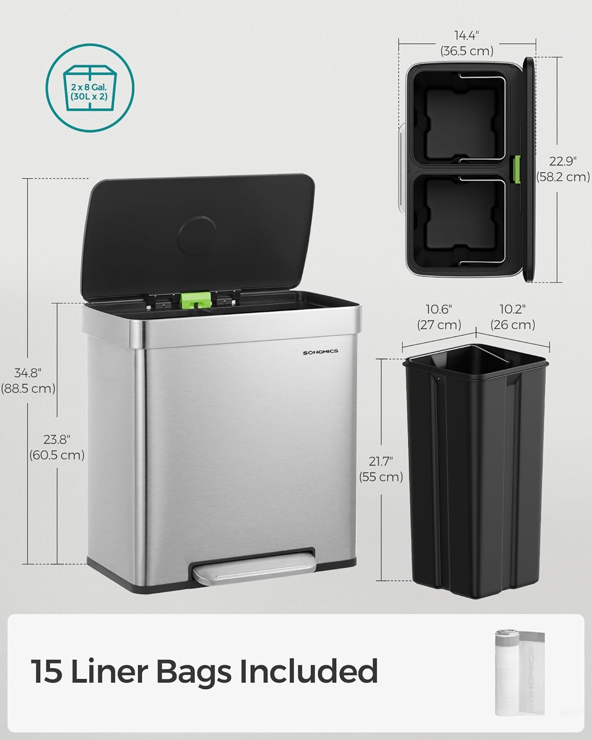 Kitchen Trash Can, 16 Gallon (2 X 8 Gallon) Dual Compartment Garbage Can, 60L Pedal Recycling Bin, Stays Open and Soft Close, Stainless Steel, 15 Bags Included, Metallic Silver ULTB202E01