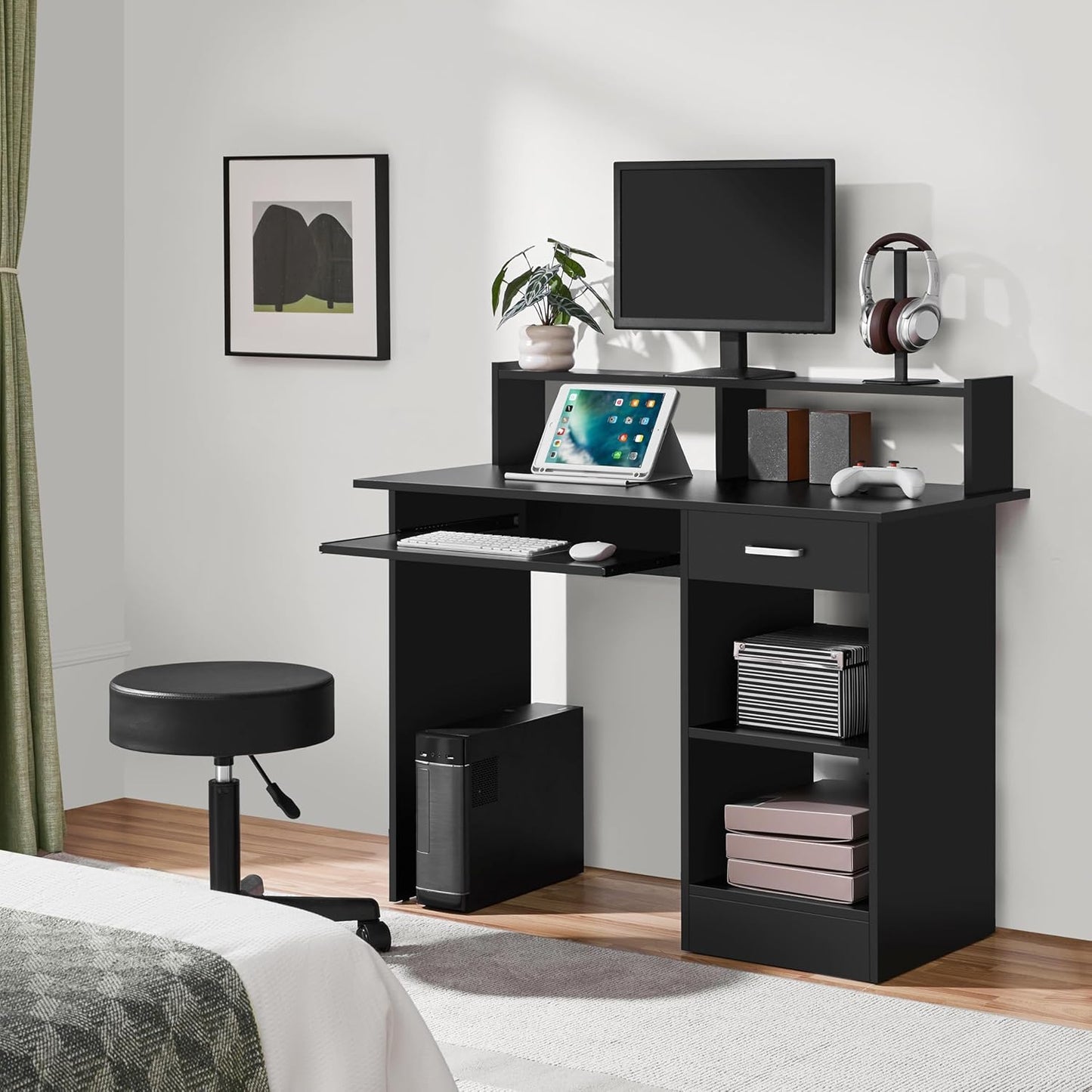 Home Office Wood Computer Desk with Drawers and Pull-Out Keyboard Tray, Study Writing Desk PC Laptop Table with Hutch and Storage Shelves, Modern Workstation, Black