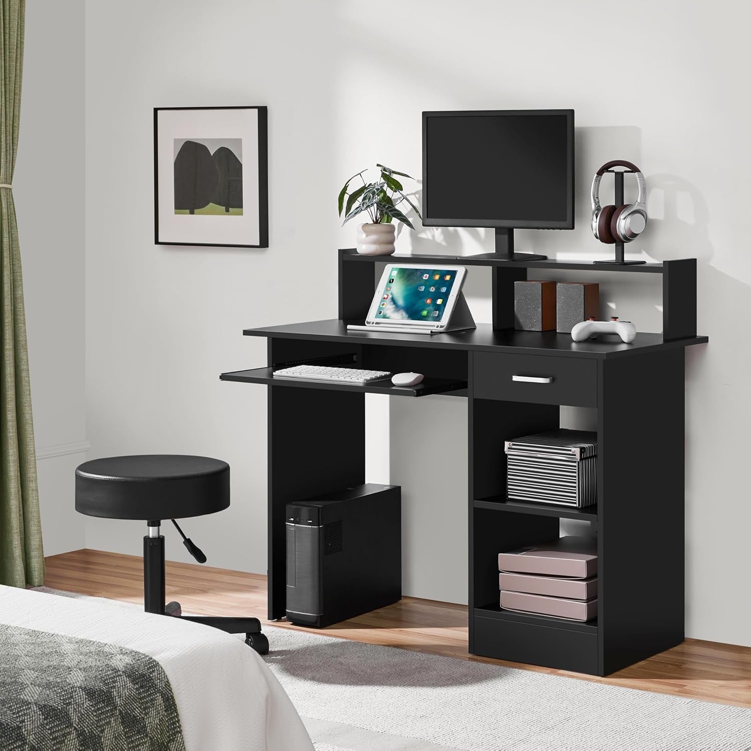 Home Office Wood Computer Desk with Drawers and Pull-Out Keyboard Tray, Study Writing Desk PC Laptop Table with Hutch and Storage Shelves, Modern Workstation, Black