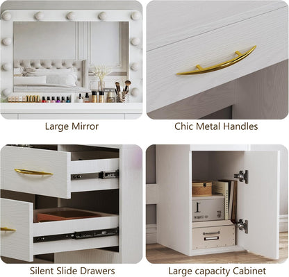 Makeup Vanity Desk with Lights, 45.5" Large Vanity with Mirror and Lights in 3 Models, Vanity with Power Outlet, Vanity Desk with 5 Drawers, 2 Cabinets, Shelves for Bedroom, White