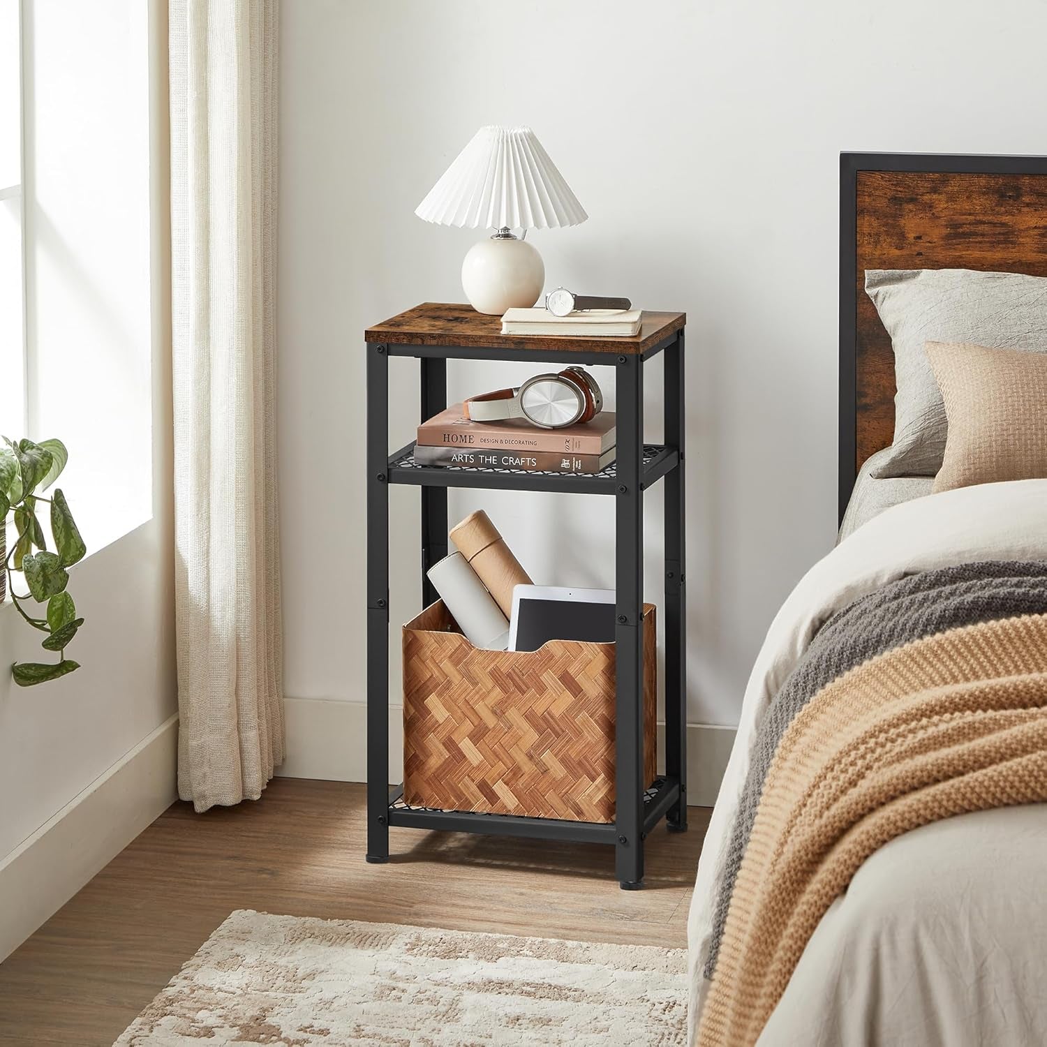 3-Tier Tall Side Table, Small Telephone End Table Stand with 2 Mesh Storage Shelves for Office, Bedroom, Living Room, Kitchen Cart, Rustic Brown and Black