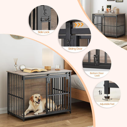 Dog Crate Furniture, 36.6" Heavy Duty Dog Kennel with Sliding Barn Door, Wooden Dog Cage Indoor, Decorative Side End Table for Small/Medium Dogs, Greige and Black GY162GW03G1