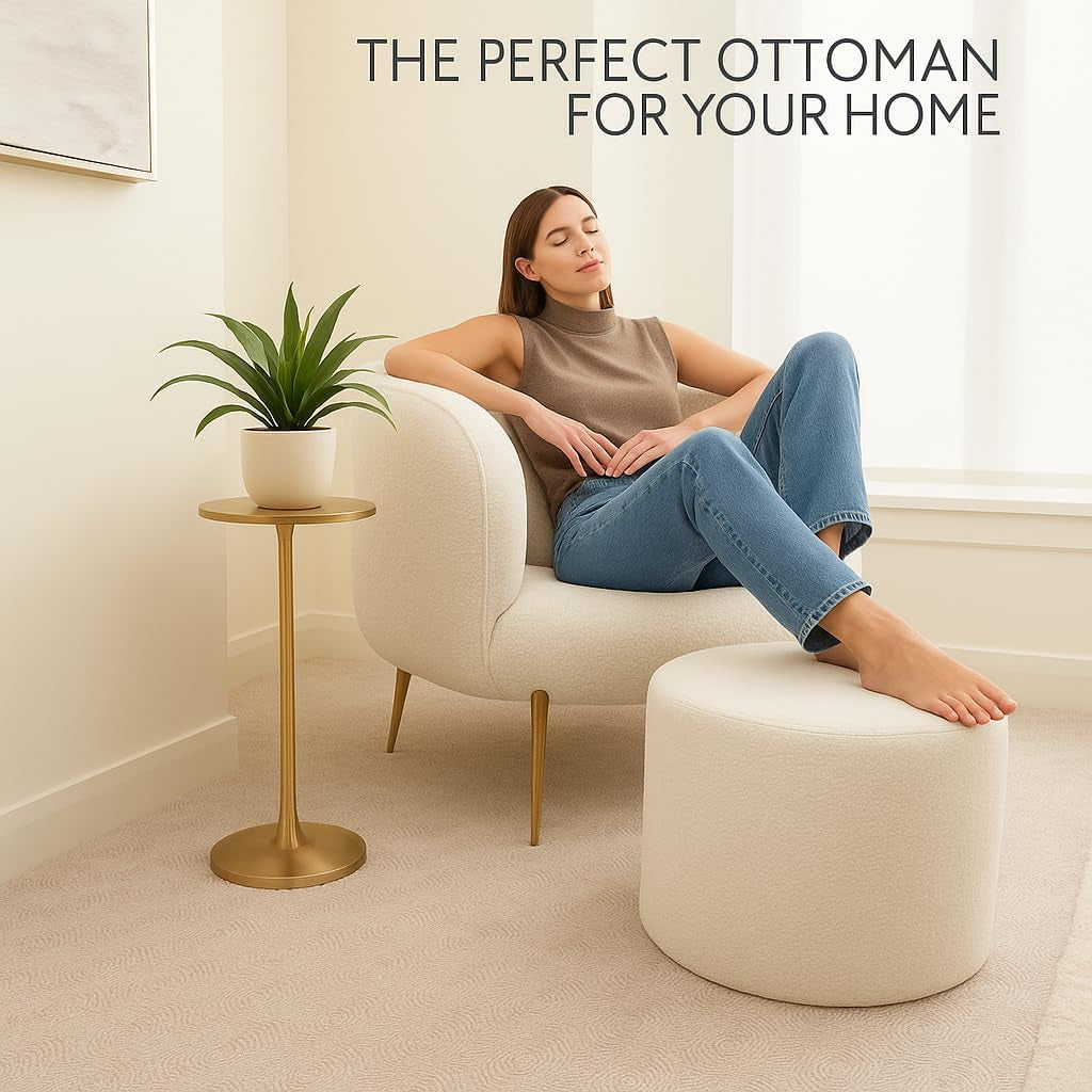 Round Pouf Ottoman and Foot Rest, Soft Boucle Footstool Ottomans for Living Room, Comfort Sponge Stuffed Poofs for Couch Desk Resting Your Feet, White(17.1" D X 17.1" W X 14" H)