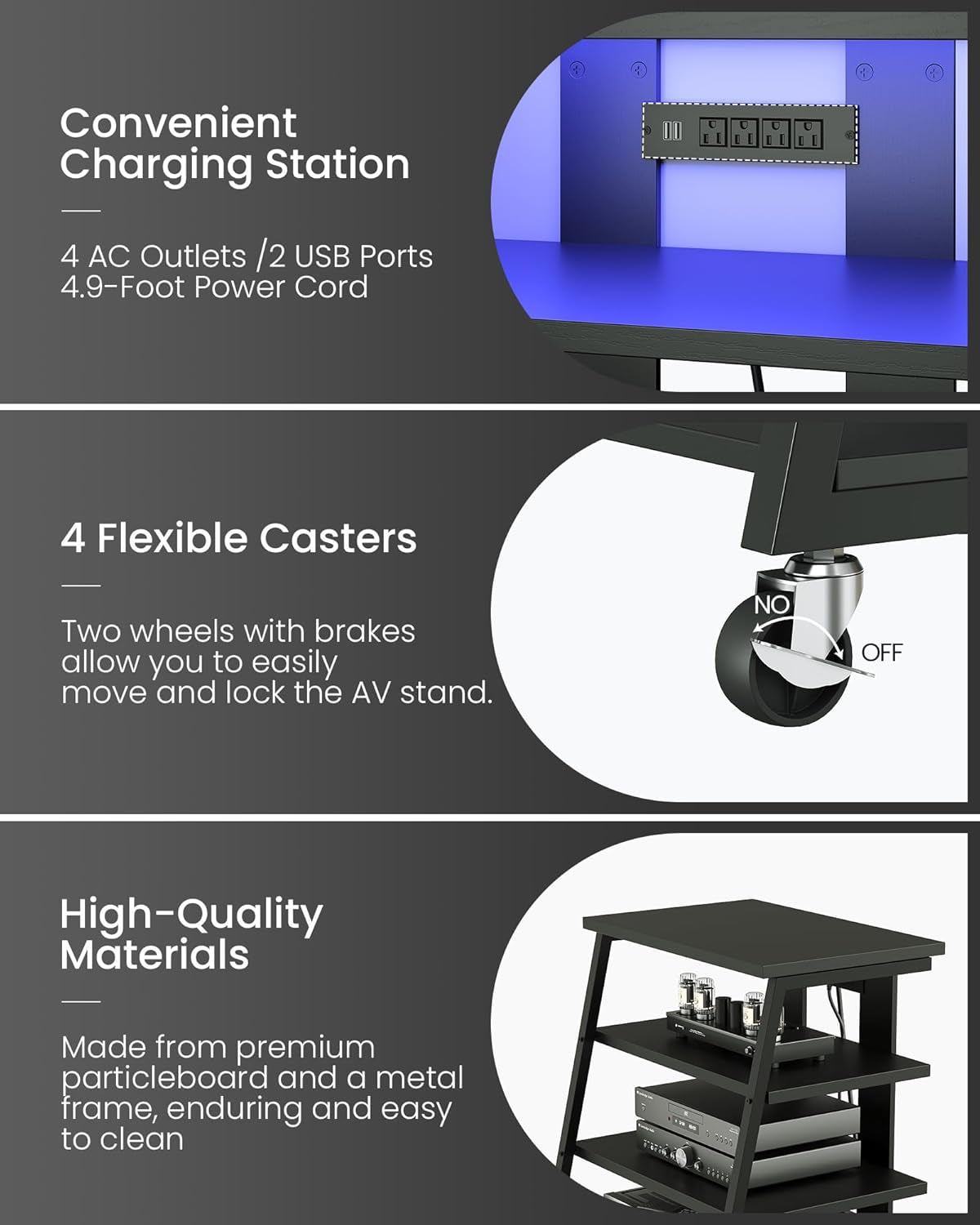 4-Tier AV Media Stand with Wheels, Stereo Stands, Media Console Shelf with Power Strips, LED Lights, Wooden Audio Cabinet Rack Tower for Record Player/Apple Tv/Ps4, Black TCJ60UDBB