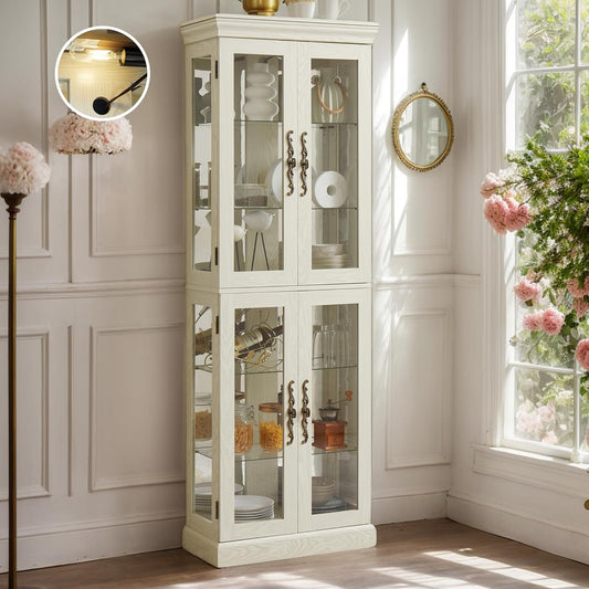Lighted Curio Cabinet 71" Vintage Glass Display Case with Adjustable Shelves, 4 Tempered Glass Doors, Bulb Included, Wooden Wine Bar China Cabinet for Living Room Liquor Storage (Antique White)