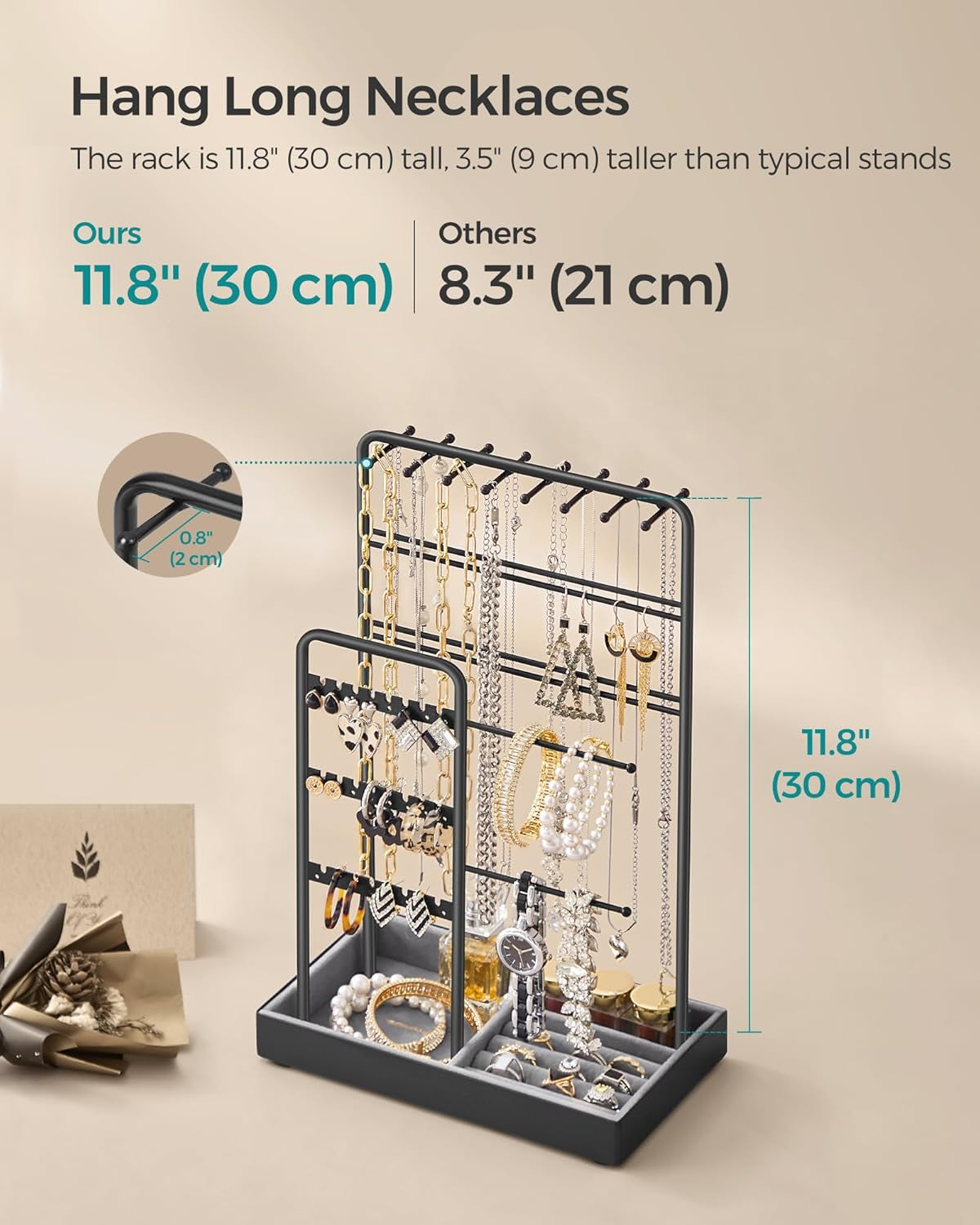 Jewelry Holder, Jewelry Organizer, Jewelry Display Stand with Metal Frame, Velvet Tray, Necklace Earring Bracelet Holder, for Studs, Rings, Gift Idea, Ink Black UJJS021B01
