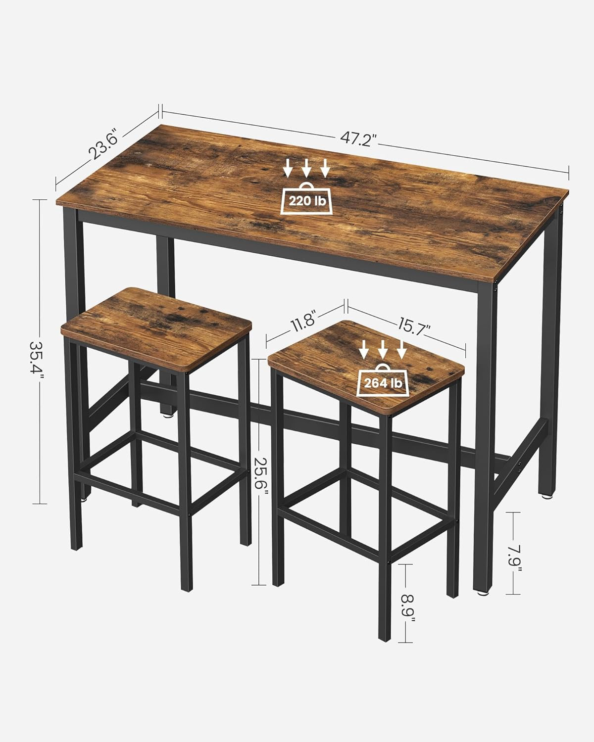 Bar Table Set, with 2 Bar Stools, Dining Table Set, Kitchen Counter with Bar Chairs, Industrial, Living Room, Party Room, Rustic Brown and Black ULBT15X
