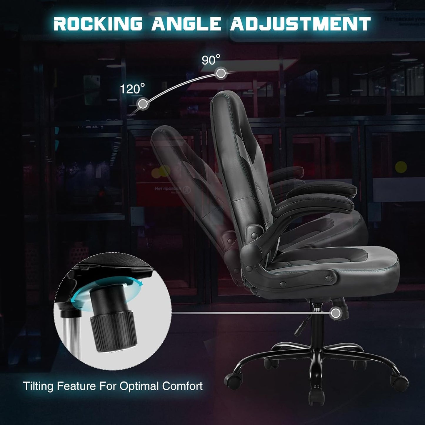 Computer Game Desk Chair - Ergonomic PU Leather Lumbar Support, Height Adjustable High Back Video Game with Flip-Up Armrest, Rolling Swivel for Adults, Deep Grey