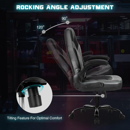 Ergonomic Computer Gaming Chair - Home Office Desk with PU Leather Lumbar Support, Height Adjustable Big and Tall Video Game with Flip-Up Armrest, Swivel Wheels for Adults and Teens