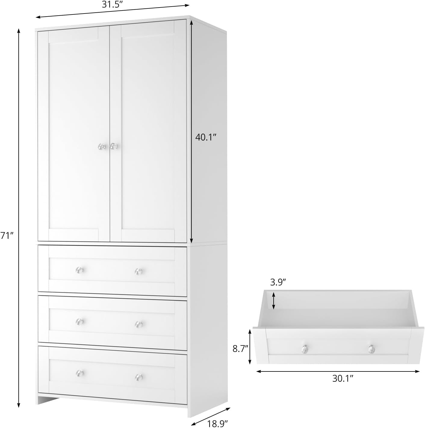 Armoire Wardrobe Closet with Drawers and Mirror, 71" Clothing Storage Cabinet with Hanging Rod, 2 Doors Wooden Wardrobe Cabinet for Bedroom, Large Capacity Storage, White
