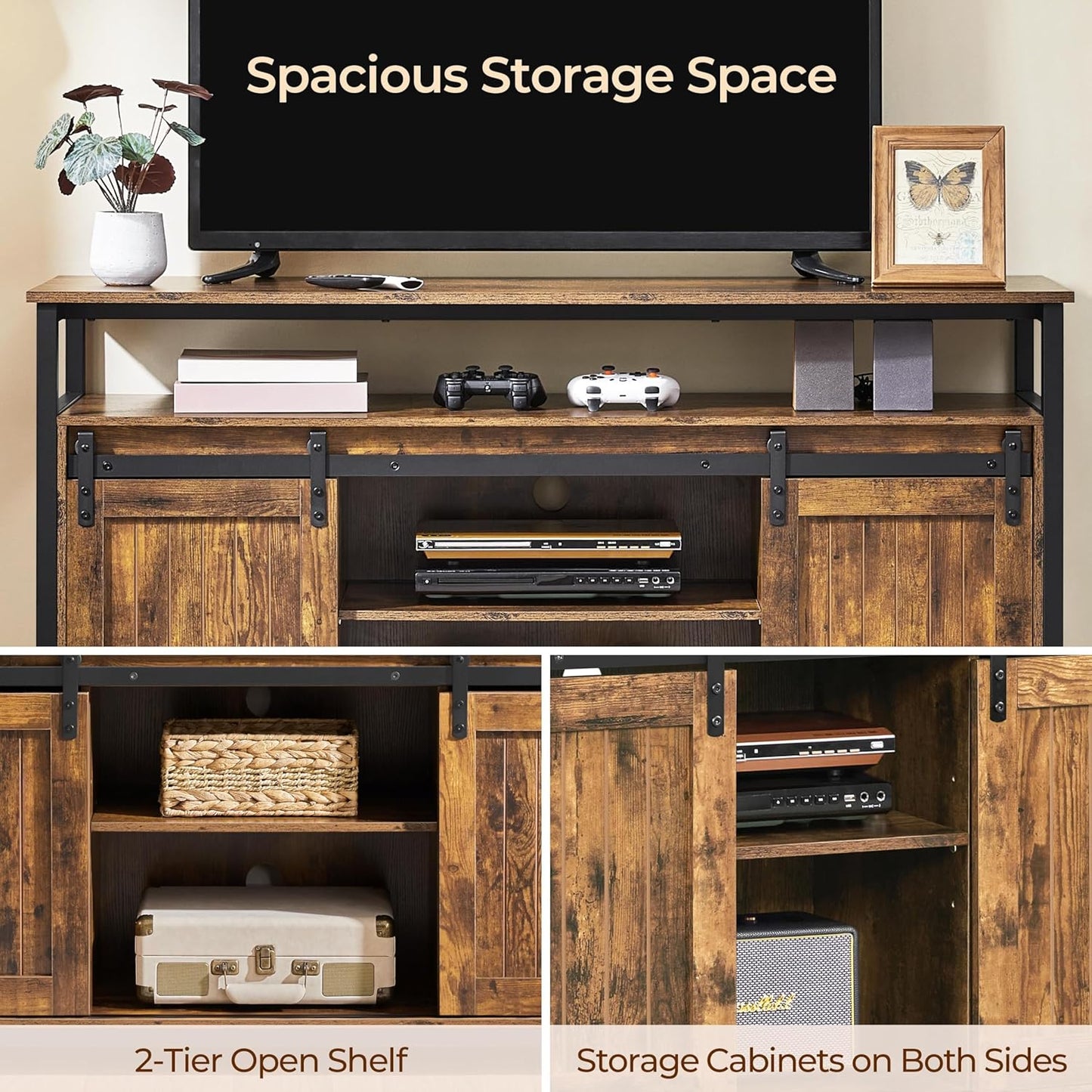 TV Stand for 65 Inch TV, Farmhouse Entertainment Center with Storage, Wood Tall TV Stands for Living Room with Sliding Barn Doors, Rustic Brown