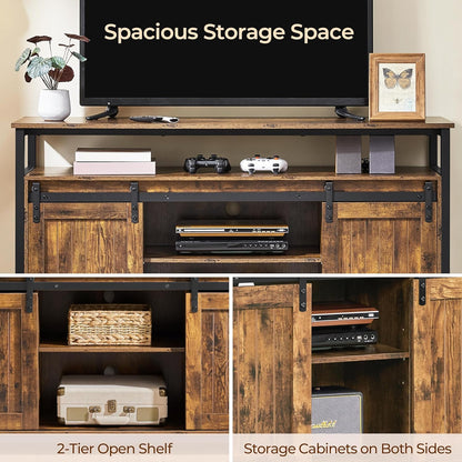 TV Stand for 65 Inch TV, Farmhouse Entertainment Center with Storage, Wood Tall TV Stands for Living Room with Sliding Barn Doors, Rustic Brown