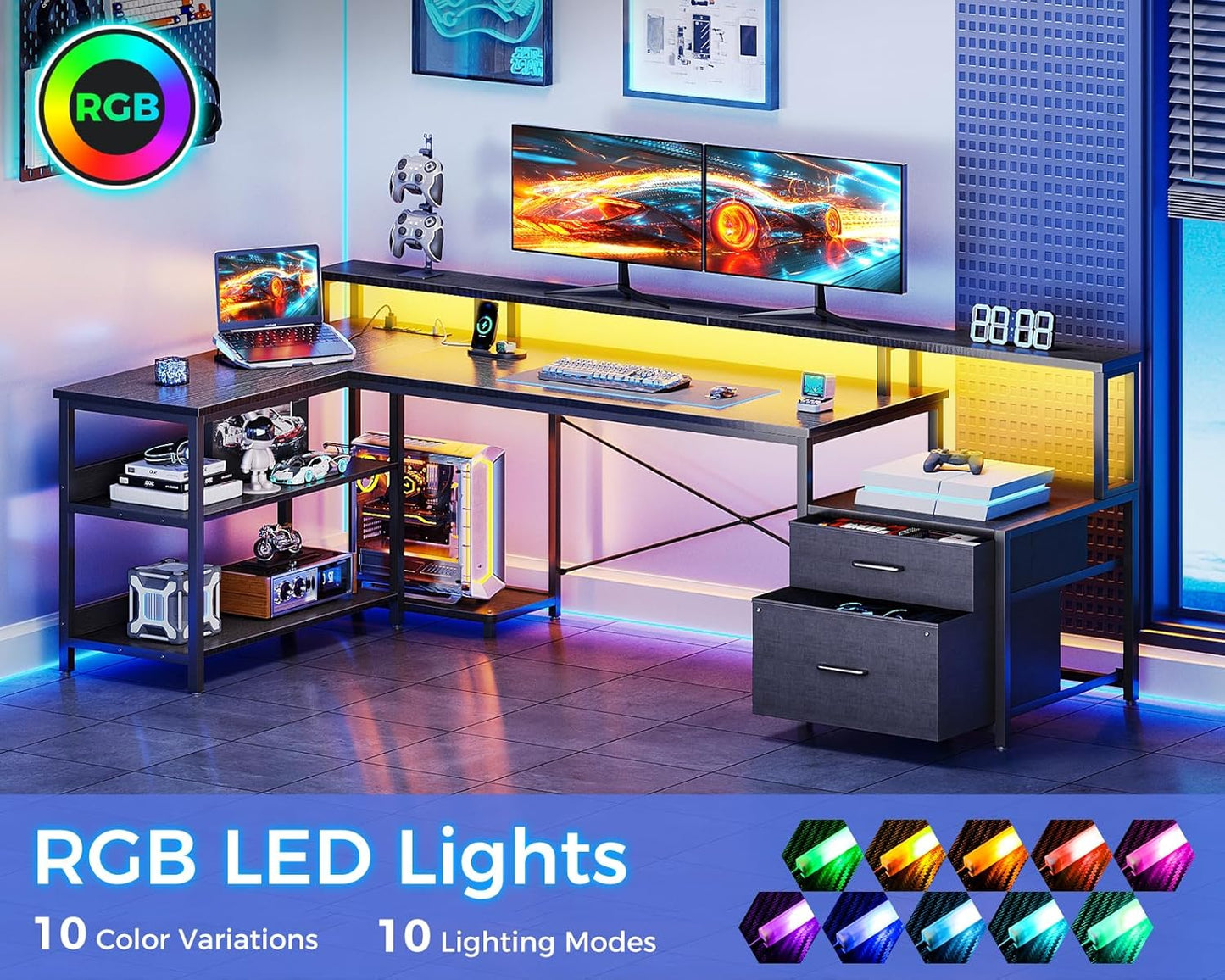 L Shaped Desk with File Drawer, 75" Reversible L Shaped Computer Desk with Power Outlet & LED Strip, Office Desk with Storage Shelves, Gaming Desk with Monitor Shelf, Corner Desk, Black