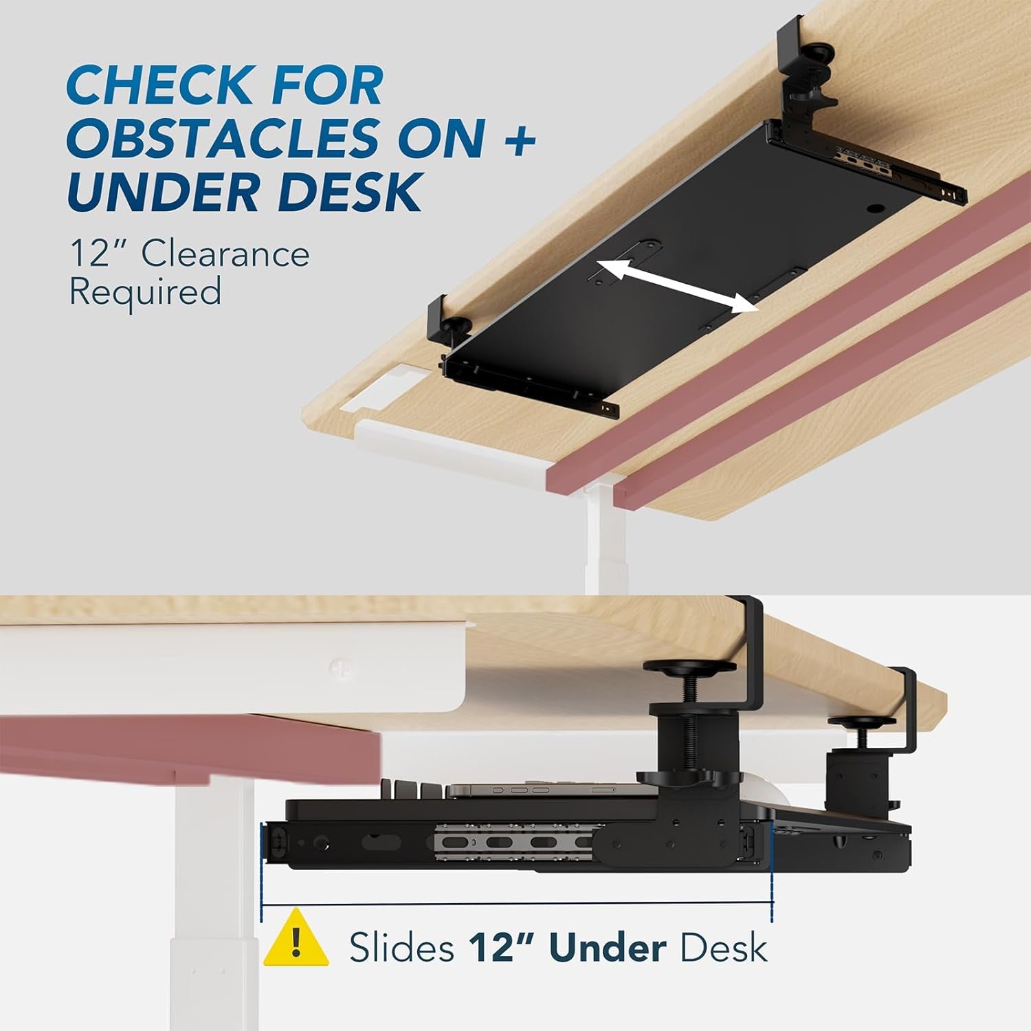 Keyboard Tray under Desk Pull Out with Extra Sturdy Adjustable C Clamp Mount System, 27.3 (32.5 Inch Including Clamps) X 11 Inch Slide-Out Platform Computer Drawer for Typing, Black,Ax01Wb01