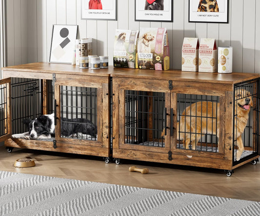 Dog Crate Furniture Set of 2, Dog Kennel Indoor Double Doors Wooden Dog Cage, 38'' Heavy Duty Dog Crate with Cushion & Wheels, End Table Pet House Chew-Resistant up to 70 Lb, Rustic Brown