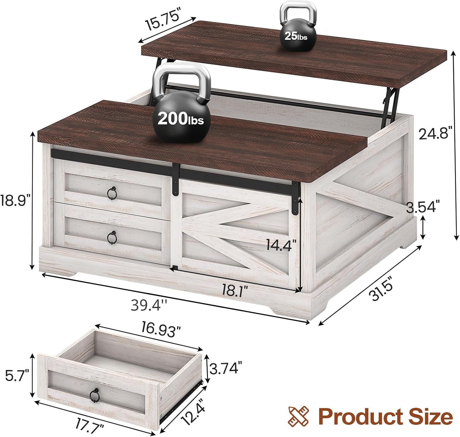 39.4'' Lift Top Coffee Table with Storage, Farmhouse Coffee Tables for Living Room, Square Coffee Table with Large Hidden Compartment & 2 Drawers & Adjustable Shelves, White