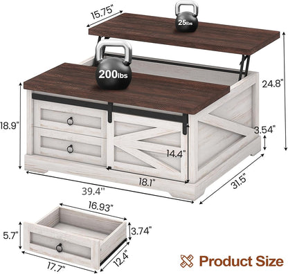 39.4'' Lift Top Coffee Table with Storage, Farmhouse Coffee Tables for Living Room, Square Coffee Table with Large Hidden Compartment & 2 Drawers & Adjustable Shelves, White