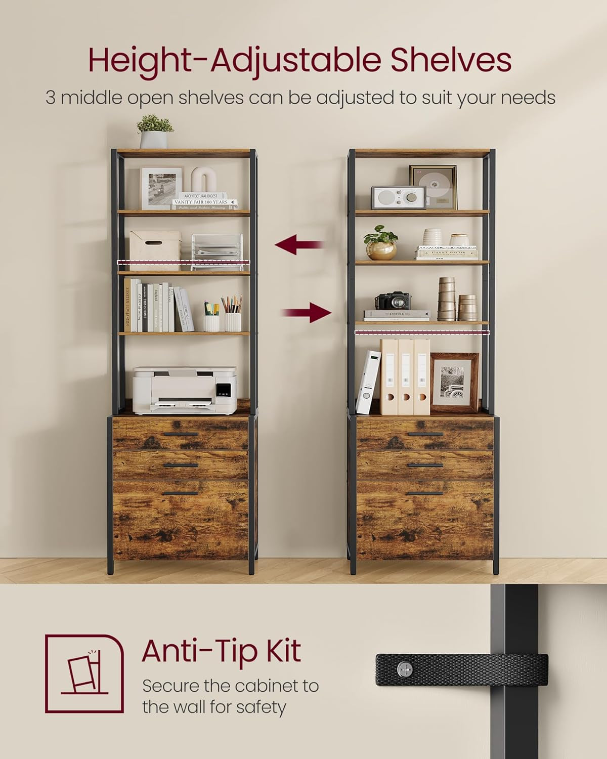 Lateral File Cabinet, Home Office Printer Stand, 2-Drawer Filing Cabinet, with Anti-Tip Interlocking Mechanism, for A4, Letter-Size, Legal-Size Hanging Files, Rustic Brown and Ink Black