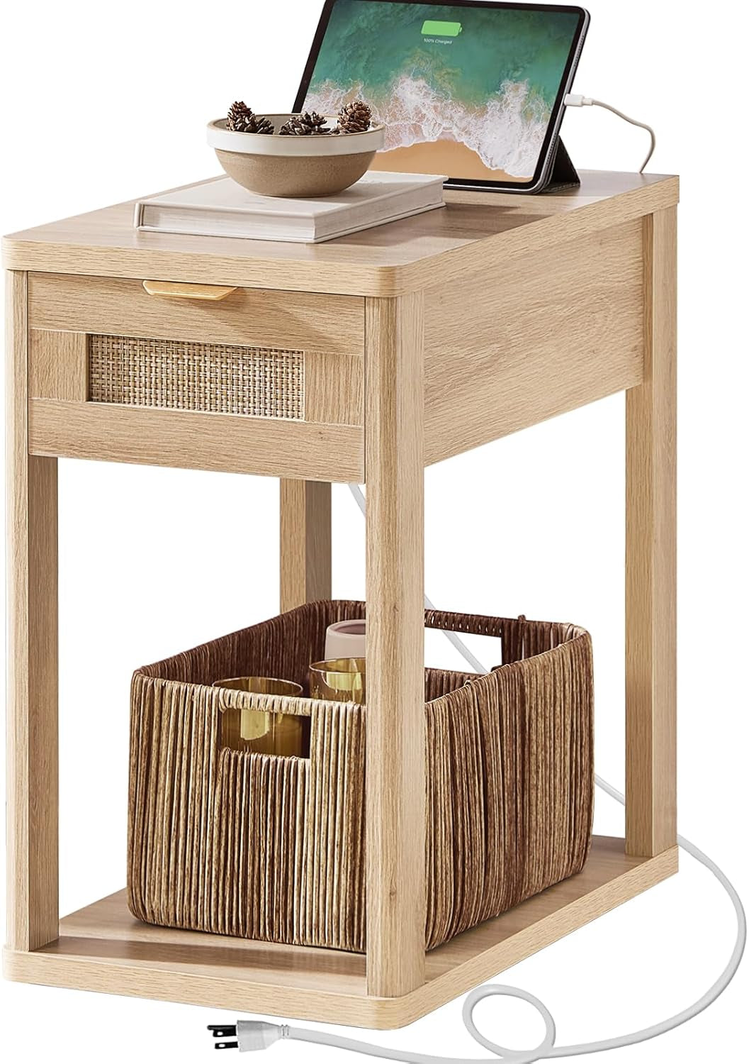 Narrow Side Table with Charging Station, 24X14''Rattan Night Stand with Drawer Storage, Natural Wood Bedside End Table for Small Spaces, Boho Nightstand for Living Room Bedroom