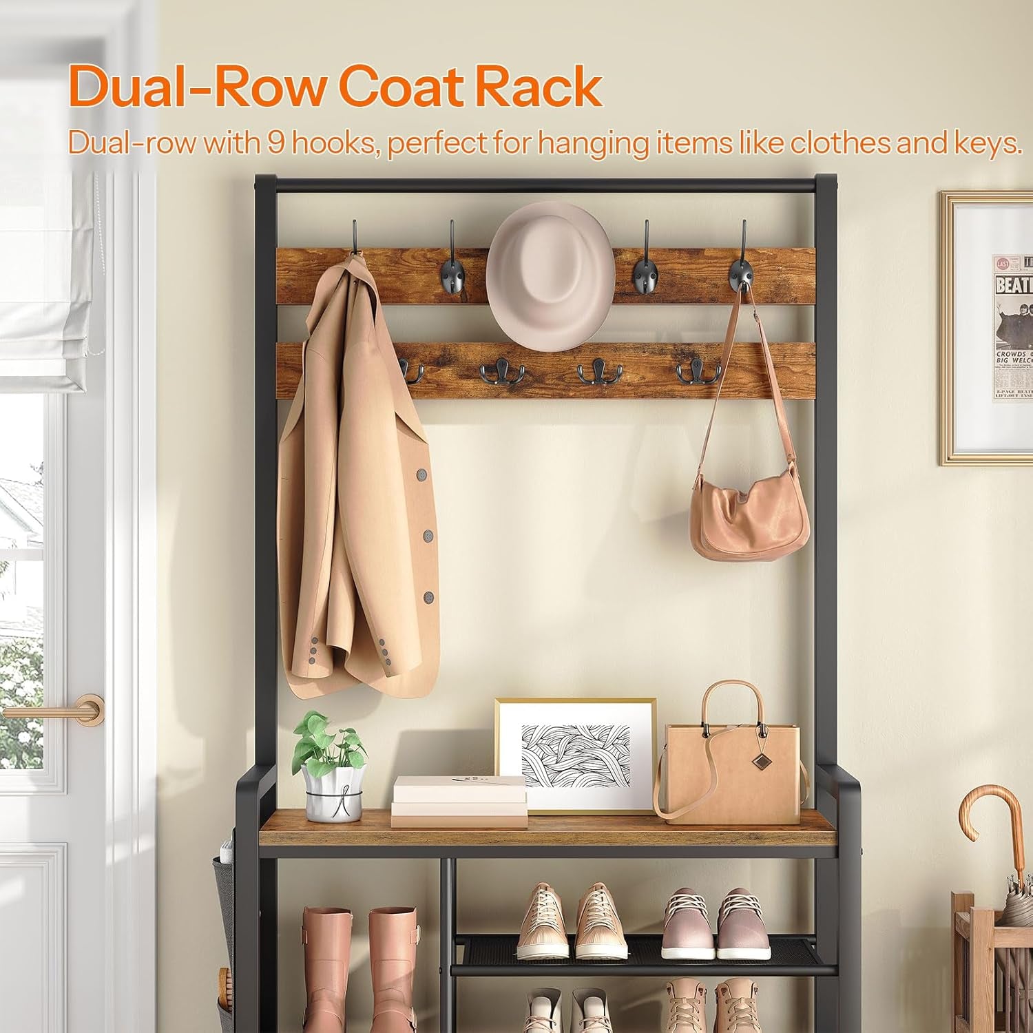 Hall Tree with Bench, Shoe Rack with Coat Rack, Coat Rack with Shoe Storage, 5 Tier Shoe Storage Organizer with Oxford Fabric Side Pockets, Coat and Shoe Rack Entryway, Rustic Brown BF45MT01
