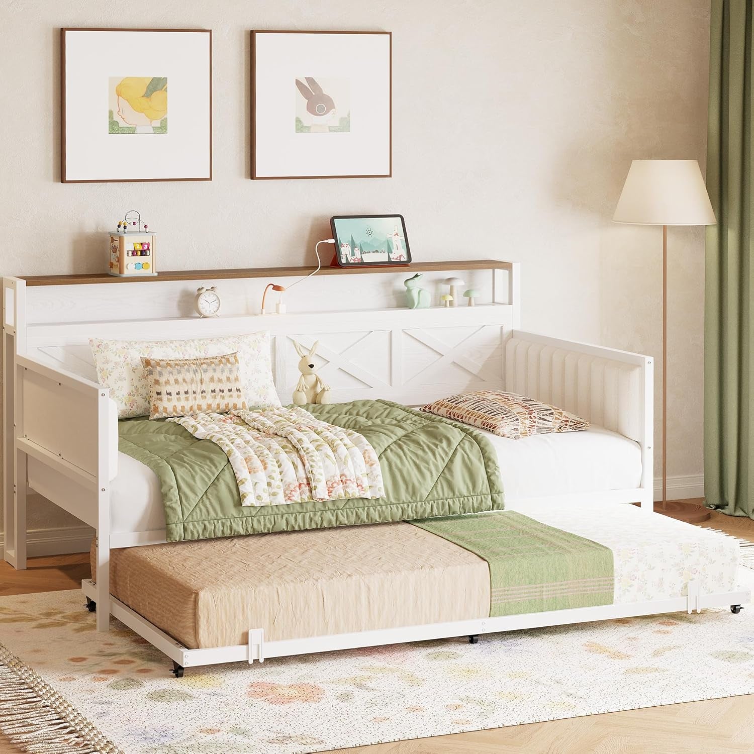 Daybed with Trundle, Sturdy Metal Twin Bed Frame with X-Shaped Frame, Upholstered Farmhouse Daybed with Charging Station for Living Room, Bedroom, and Guest Room, White/Walnut