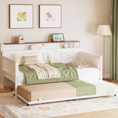 Daybed with Trundle, Sturdy Metal Twin Bed Frame with X-Shaped Frame, Upholstered Farmhouse Daybed with Charging Station for Living Room, Bedroom, and Guest Room, White/Walnut