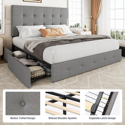 Upholstered Queen Size Platform Bed Frame with 4 Storage Drawers and Headboard, Square Stitched Button Tufted, Mattress Foundation with Wooden Slats Support, No Box Spring Needed, Light Grey