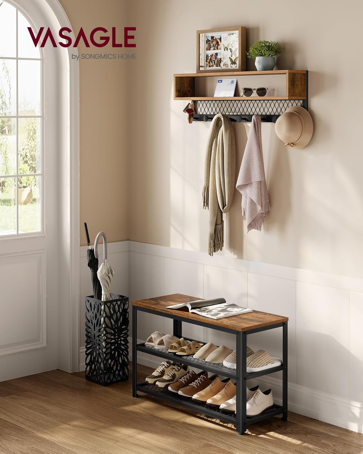 Coat Rack Shoe Bench Set, Hall Tree with Bench, Entryway Furniture, Multifunctional, Dot Coat Hooks, 2-Tier Shoe Rack, Industrial Style, for Entryway, Hallway, Rustic Brown ULCR073K01