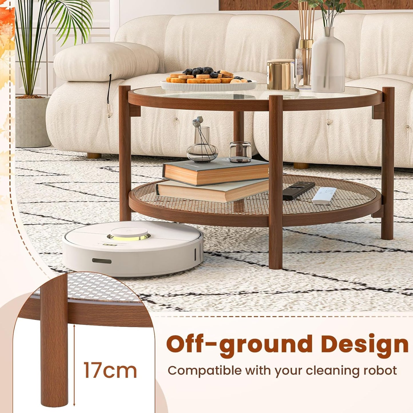 Rattan Coffee Table, Boho round Glass Tea Table with PE Rattan Storage Shelf & Wood Frame, 2 Tier Accent Center Table for Living Room, Apartment, Small Space