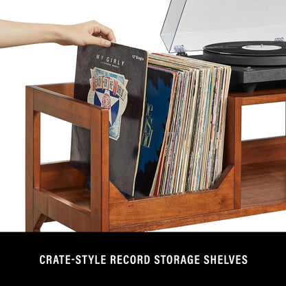 Asheville Mid-Century Modern Media Console Record Player Stand, Storage for Vinyl Records, Walnut